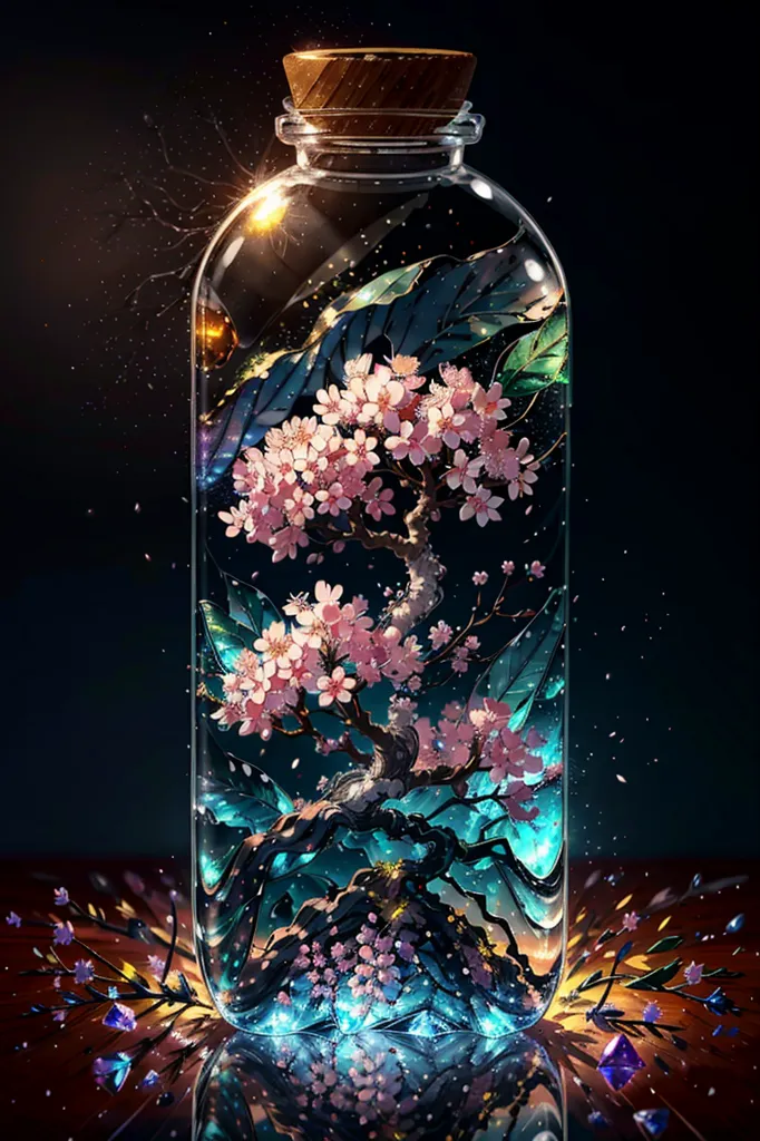 The image is a beautiful digital painting of a cherry blossom tree in a glass bottle. The tree is in full bloom, with delicate pink and white flowers. The leaves are a lush green. The tree is surrounded by water. The water is a deep blue color, and it sparkles in the light. The bottle is sitting on a wooden table. There are several crystals scattered around the bottle. The crystals are different colors, and they sparkle in the light. The background is a dark blue color, and it is filled with stars. The image is very peaceful and serene.