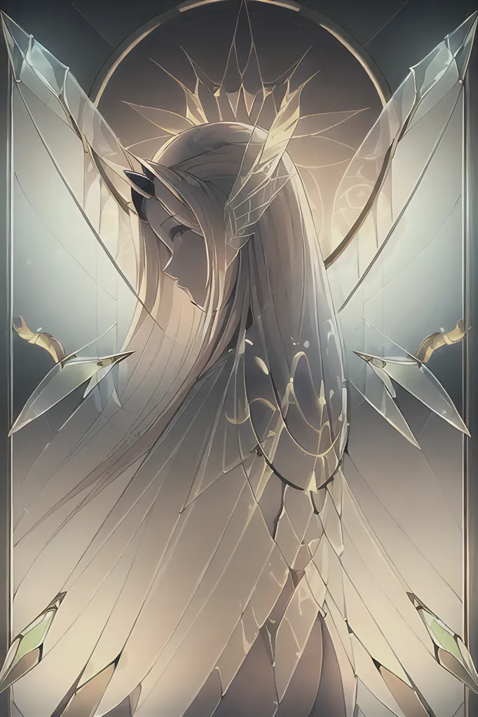 The image is of a beautiful woman with long, flowing hair. She is wearing a white dress with a high collar. The dress is made of a sheer material that reveals her skin underneath. She has a pair of horns on her head and a pair of wings made of glass. The woman is standing in front of a dark background. There is a halo around her head. She is looking to the left of the frame.