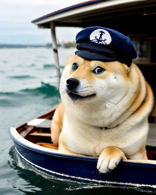 The image shows a Shiba Inu dog wearing a blue captain's hat with a white badge on it. The dog is sitting in a boat and looking at the camera with a serious expression. The background is a blurred image of the ocean.