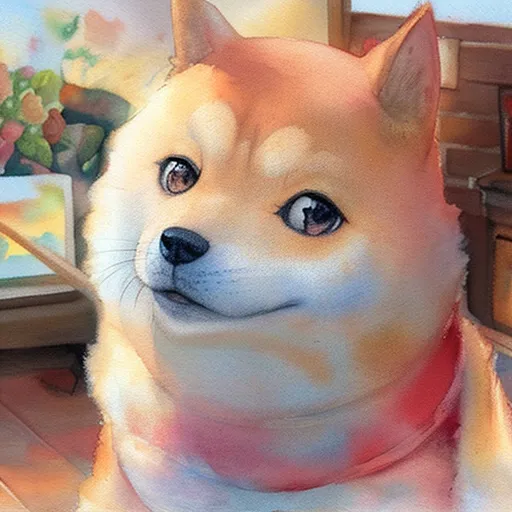 A imagem é uma pintura de um cachorro da raça Shiba Inu. O cachorro está sentado em frente a uma tela, usando uma echarpe vermelha. O fundo é um borrão de cores claras. O cachorro tem uma expressão de satisfação no rosto, como se estivesse muito satisfeito com o seu trabalho.