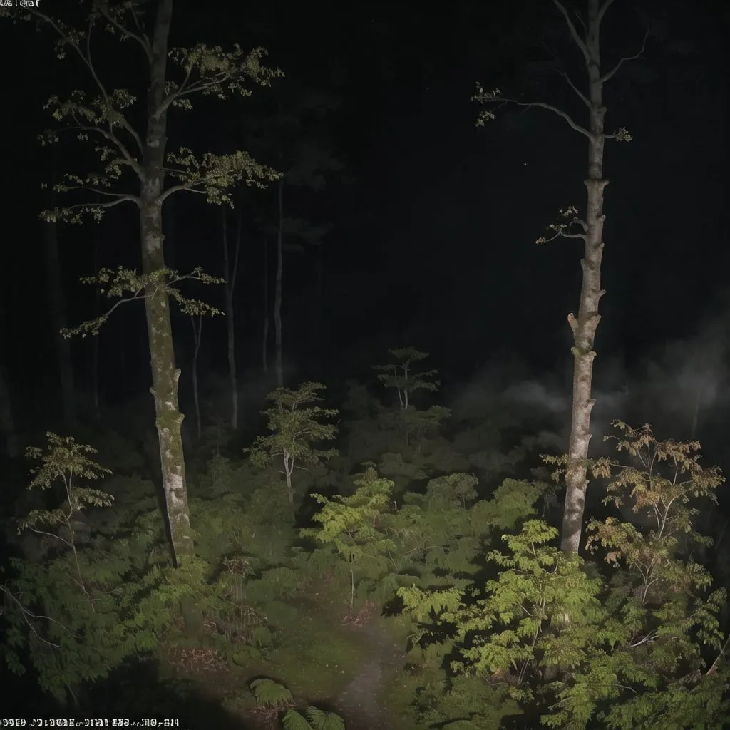 The image is a night view of a forest. The trees are tall and the branches are thick. The leaves are dark green. The ground is covered with moss and dead leaves. There is a bright light in the distance. The light is coming from a house or a street lamp. The forest is dark and mysterious. It looks like something out of a horro