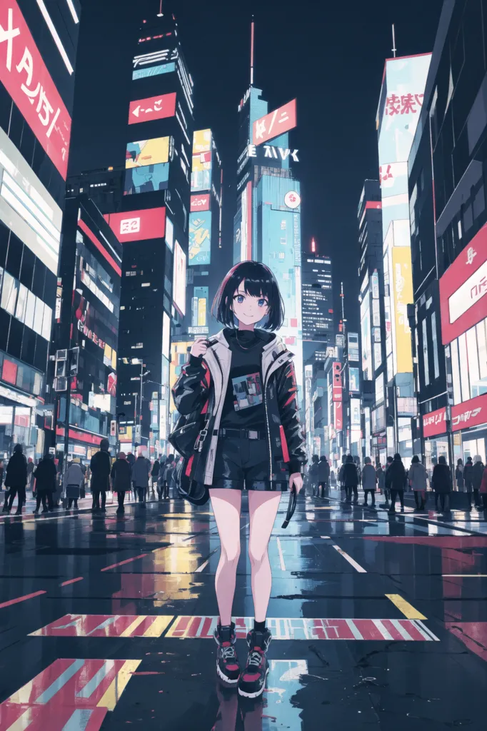 The image is a digital painting of a young woman standing in a busy city street. The woman is wearing a black jacket, a white shirt, and shorts. She has short black hair and blue eyes. She is carrying a bag over her shoulder. The city street is full of people and there are many neon signs and buildings in the background. The image is in a realistic style and the colors are vibrant and saturated.