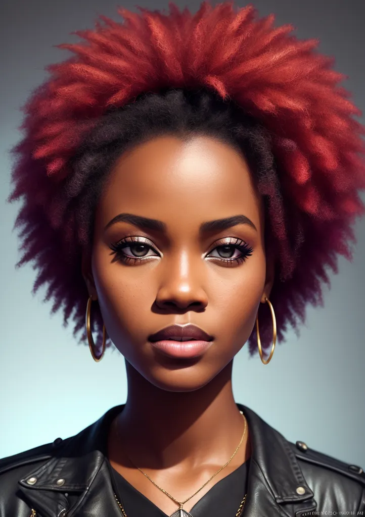 The image is a portrait of a young woman with red and black hair. She is wearing a black leather jacket and has a serious expression on her face. The background is a light blue color. The woman's eyes are dark brown and her skin is light brown. She is wearing gold earrings and a necklace. Her hair is styled in an afro. She is wearing dark makeup.