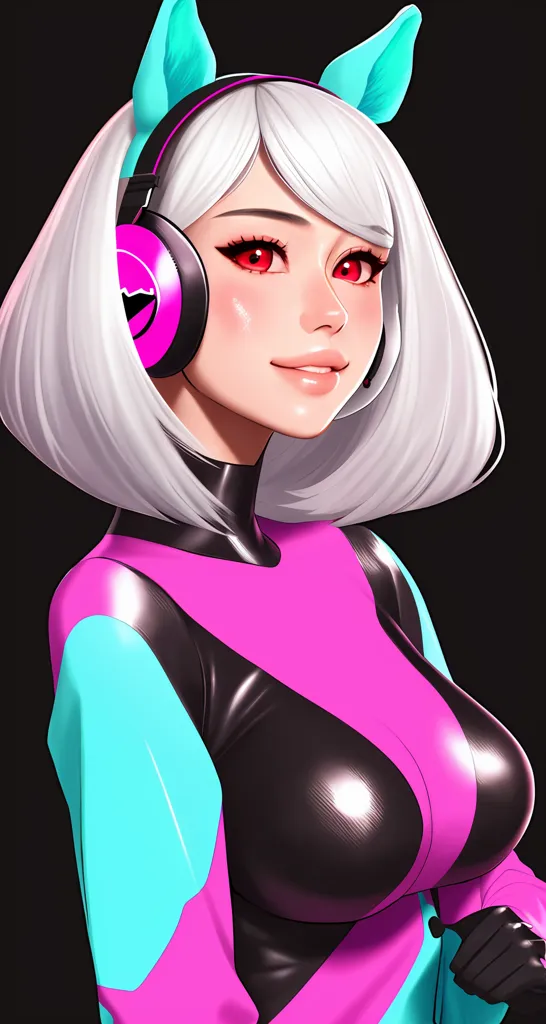 The image is a portrait of a young woman with white hair and red eyes. She is wearing a black, pink, and blue bodysuit and a pair of headphones. The woman has a friendly expression on her face and is looking at the viewer.