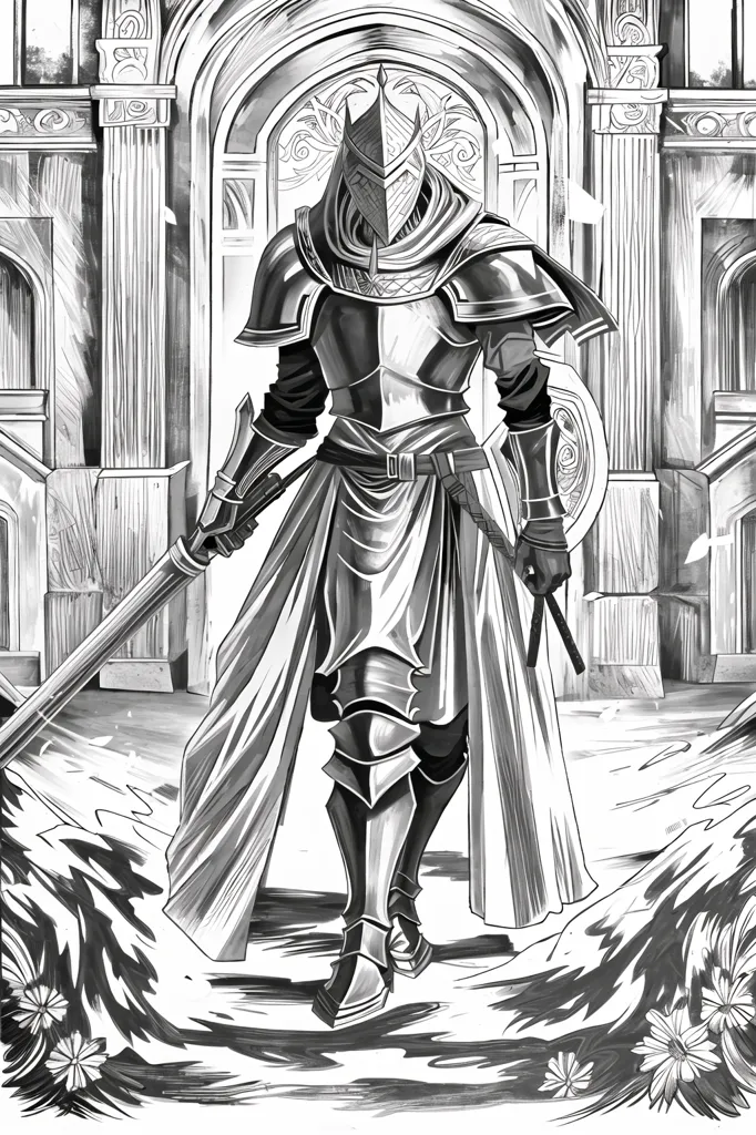 La imagen es un dibujo digital en blanco y negro de un caballero con armadura completa. El caballero está de pie frente a una puerta grande, con la mano izquierda apoyada en la empuñadura de su espada y la mano derecha sosteniendo un escudo. El casco del caballero está cerrado y su rostro está oculto por las sombras del casco. La puerta está hecha de madera y tiene un gran asa de metal en el centro. La armadura del caballero está hecha de metal y tiene varios rasguños y abolladuras. El caballero está de pie sobre un piso de piedra y hay varias flores en el primer plano de la imagen.