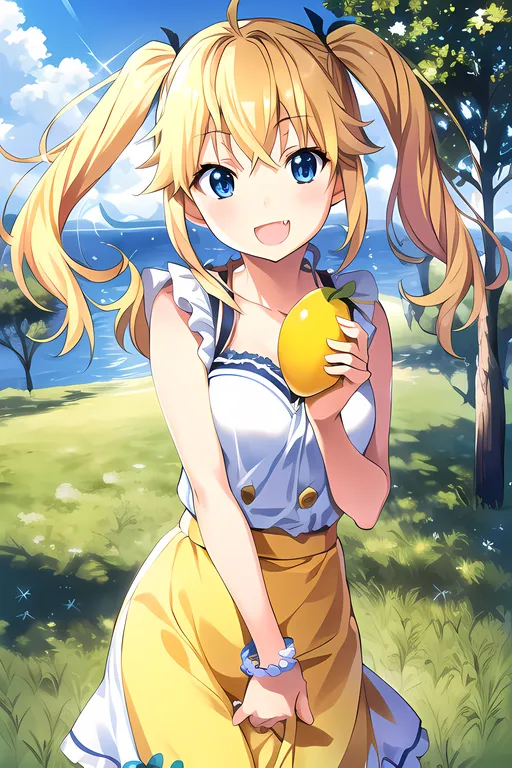 The image shows a young girl with long blonde hair and blue eyes. She is wearing a white and yellow dress and is holding a lemon. She is standing in a field of grass with trees and the ocean in the background. The sky is blue and there are white clouds. The girl is smiling and looks happy.