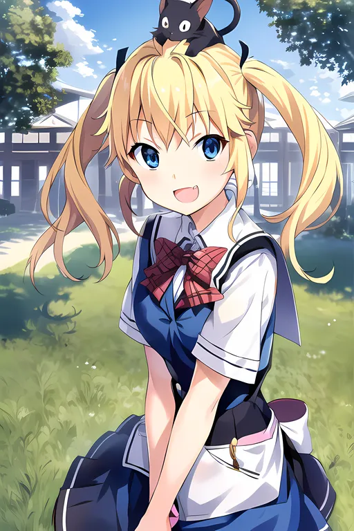 The image is of a young girl with long blonde hair and blue eyes. She is wearing a school uniform and has a black cat on her head. The girl is smiling and has a happy expression on her face. The background is a schoolyard with trees and buildings in the distance.