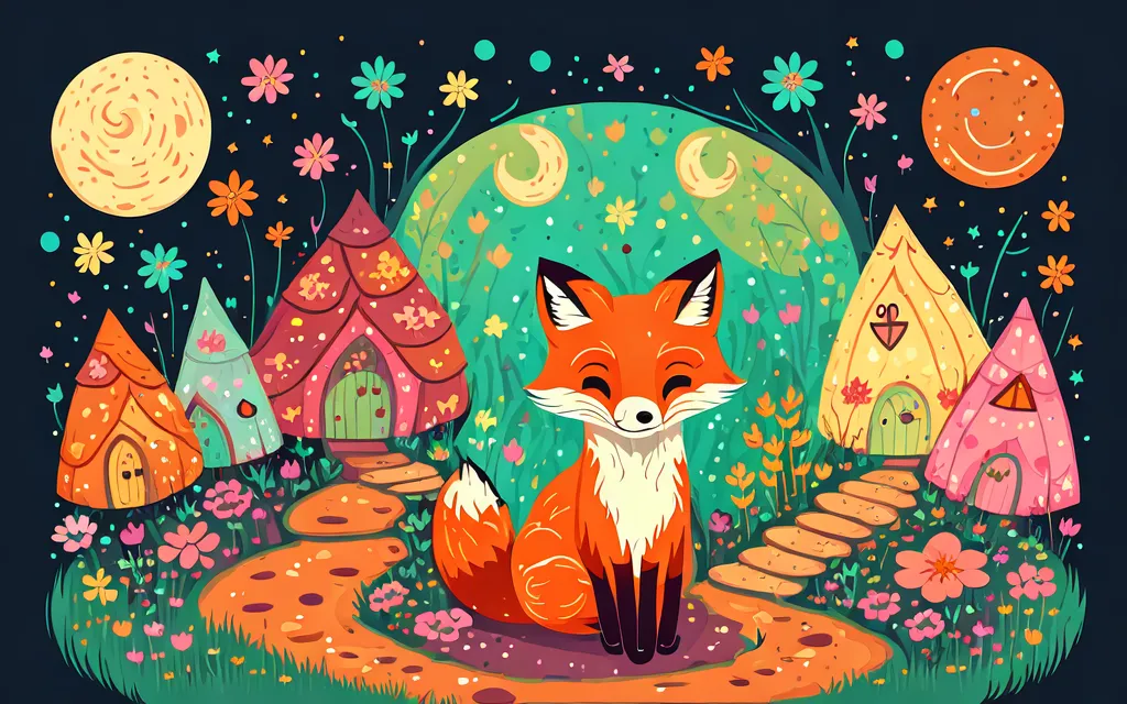 L'image est une illustration de dessin animé d'un renard assis dans un champ de fleurs. Le renard est assis sur un rocher, et il y a des fleurs et des plantes tout autour de lui. Il y a aussi plusieurs petites maisons à l'arrière-plan. Les maisons sont de différentes couleurs et ont des formes différentes. Il y a une lune croissante bleue dans le ciel. L'image est très colorée et lumineuse. Le renard sourit et a l'air heureux.