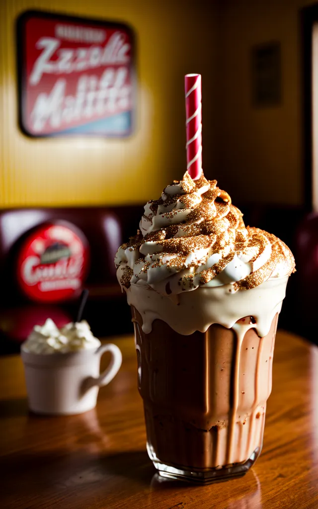The image shows a tall glass of chocolate milkshake with whipped cream and chocolate sprinkles on top, sitting on a table. There is a small white cup with whipped cream in it sitting next to the glass. There is a red and white striped straw in the milkshake. The background is a wall with a red leather booth and a yellow wall with a sign on it.