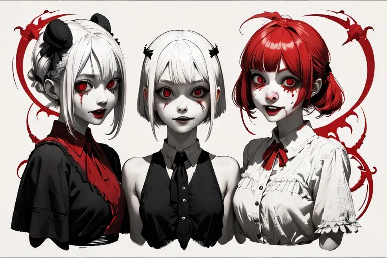 The image shows three anime-style girls with different hair colors. The girl on the left has white hair, the girl in the middle has white hair, and the girl on the right has red hair. They are all wearing black and white outfits and have red eyes. The background is white with some red decorative elements.