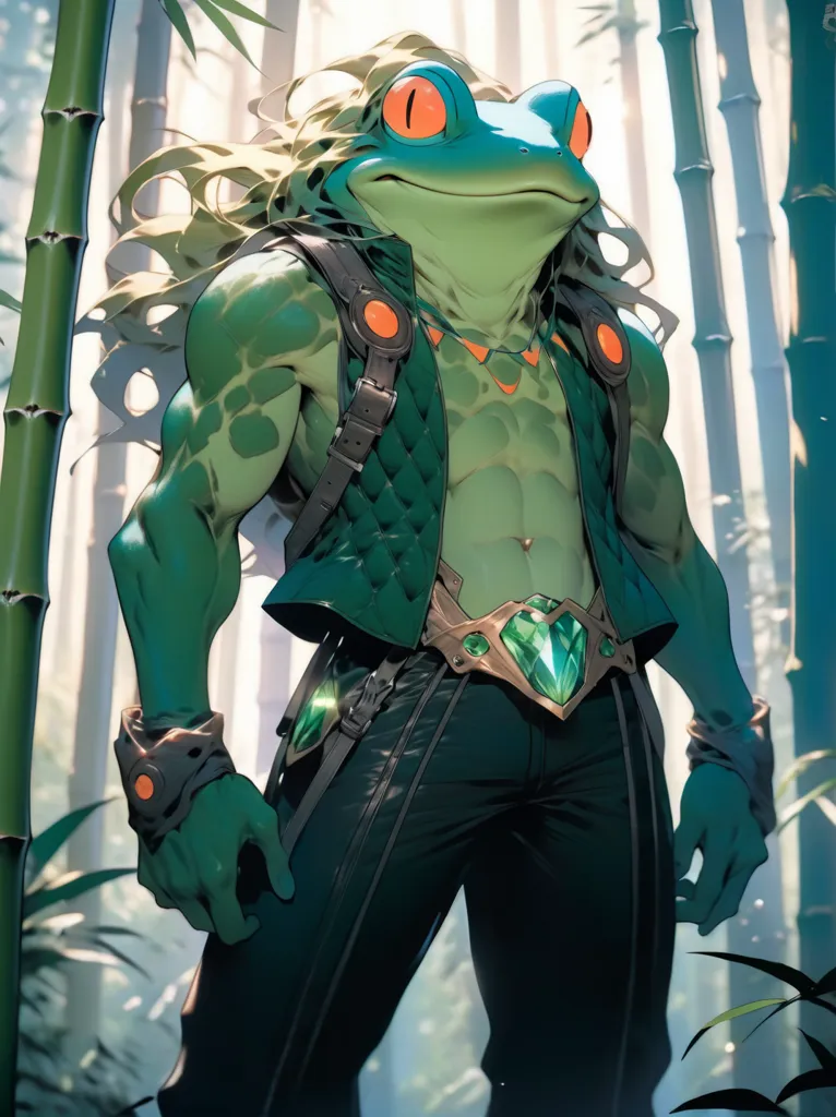 The image depicts a muscular anthropomorphic frog wearing a green vest and black pants. He has long blond hair and orange eyes, and is standing in a bamboo forest. He is wearing a brown belt with a green crystal buckle, and has green and brown wristbands. He has a determined expression on his face, and is looking to the left of the frame.