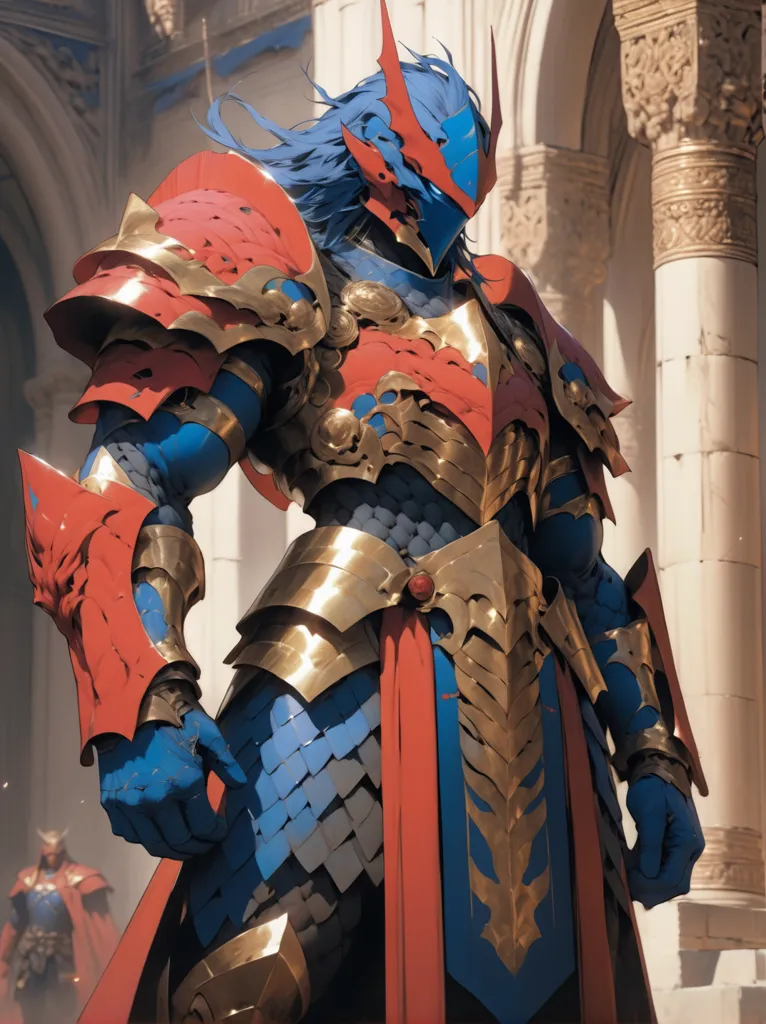 The image shows a warrior in red and blue armor. The warrior is standing in a courtyard, with a large building in the background. The warrior is wearing a helmet with a visor, and has a sword in one hand and a shield in the other. The warrior is also wearing a cape.