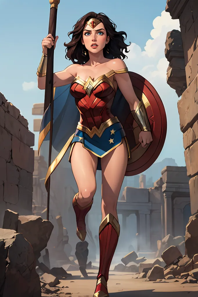 This image shows a woman dressed as the superhero Wonder Woman. She is standing in a rocky area, holding a spear in one hand and a shield in the other. She is wearing a red and blue outfit with a golden belt and boots. She has long brown hair and blue eyes. She is looking to the right of the frame, as if she is looking at someone or something.