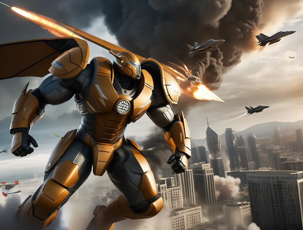 The image shows a superhero wearing a yellow and black suit of armor. He is flying through a war zone. There are explosions and smoke in the background. The superhero is surrounded by enemy fighter jets, but he is not afraid. He is determined to save the city.