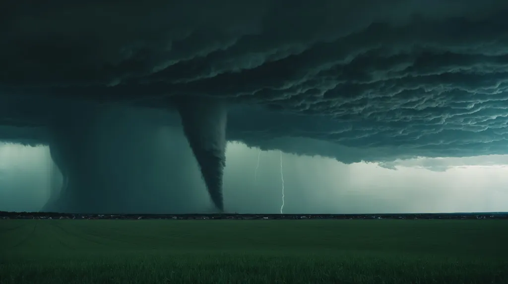 The image is of a large tornado. The tornado is dark and funnel-shaped, and it is surrounded by a swirling cloud of debris. The tornado is in the distance, and there are no people or buildings visible in the image. The tornado is a destructive force of nature, and it is clear that it has the potential to cause significant damage.