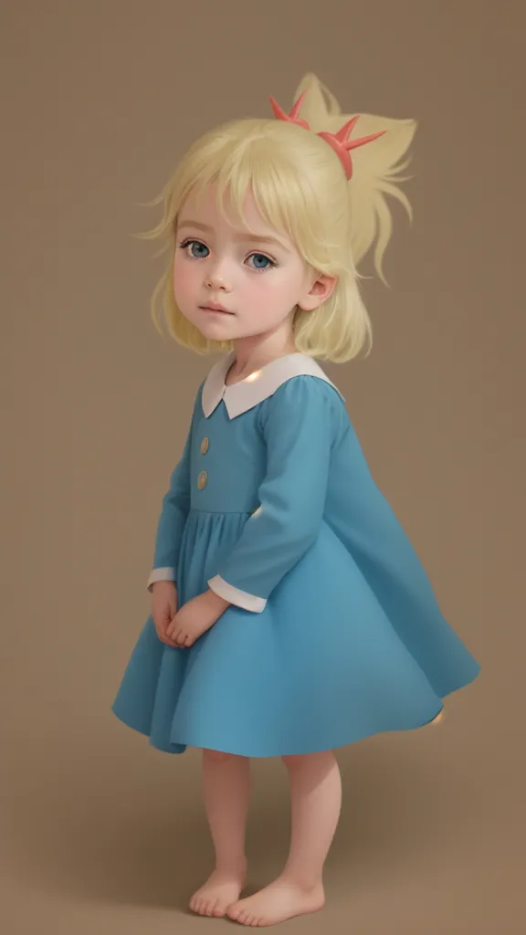 The image shows a little girl, probably 3 or 4 years old. She has blond hair tied in a ponytail and blue eyes. She is wearing a blue dress with white collar and cuffs. The girl is standing barefoot on the floor and looking at the camera with a slightly sad expression.