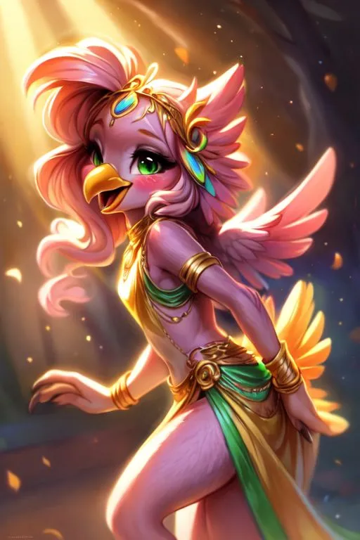 The image is of a beautiful, pink-feathered phoenix with a long, flowing mane and tail. It is wearing a golden necklace and a green sash, and it has a shy smile on its face. The phoenix is standing in a spotlight, and there are sparkles of light all around it. The background is a dark cave.