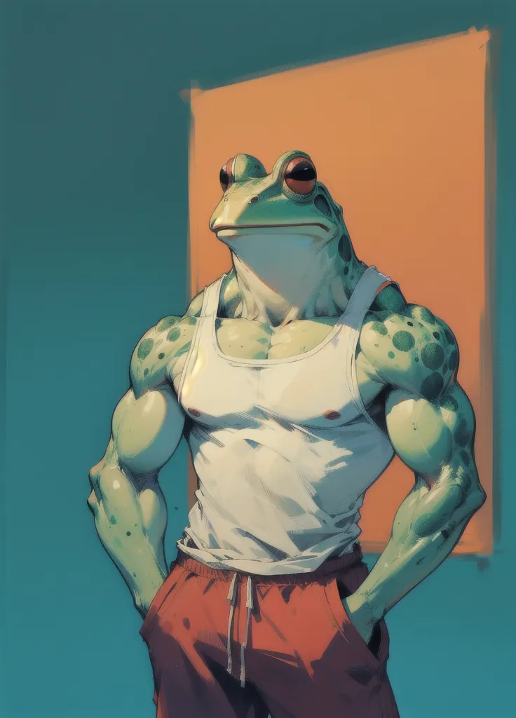 The image depicts a muscular anthropomorphic frog wearing a white tank top and red sweatpants. The frog has its hands in its sweatpants pockets and is looking to the right of the frame. The frog is standing in front of a blue background with a yellow rectangle behind its head.