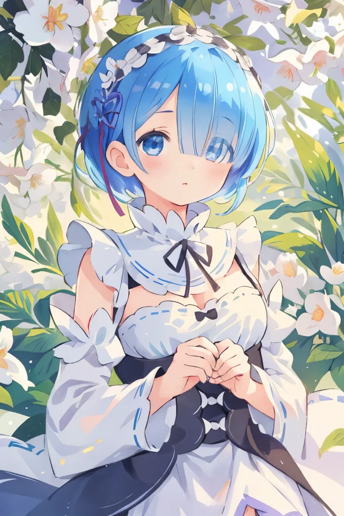 This is an image of a young girl with blue hair and blue eyes. She is wearing a white and blue dress with a black ribbon. She is standing in a field of white flowers. The background is a blur of green leaves. The girl is looking at the viewer with a shy expression on her face.