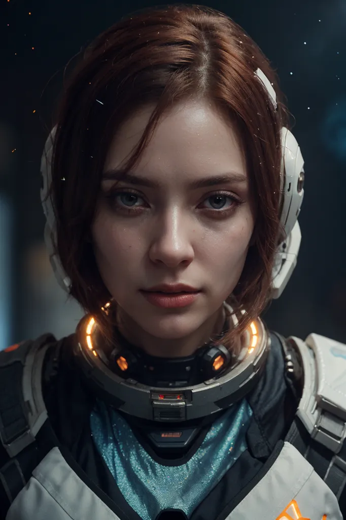 This is an image of a young girl in a spacesuit with short brown hair and blue eyes. She is looking at the camera with a serious expression. She is wearing a white spacesuit with a clear bubble helmet. The spacesuit has orange lights on the collar.