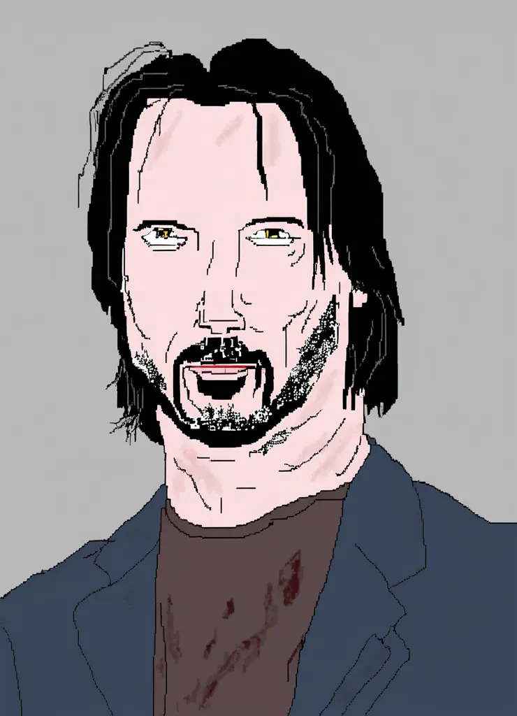 The image is a pixelated portrait of Keanu Reeves. He is looking at the viewer with a slight smile on his face. He is wearing a dark suit jacket and a brown shirt. His hair is dark and his eyes are green. The background is a light gray.