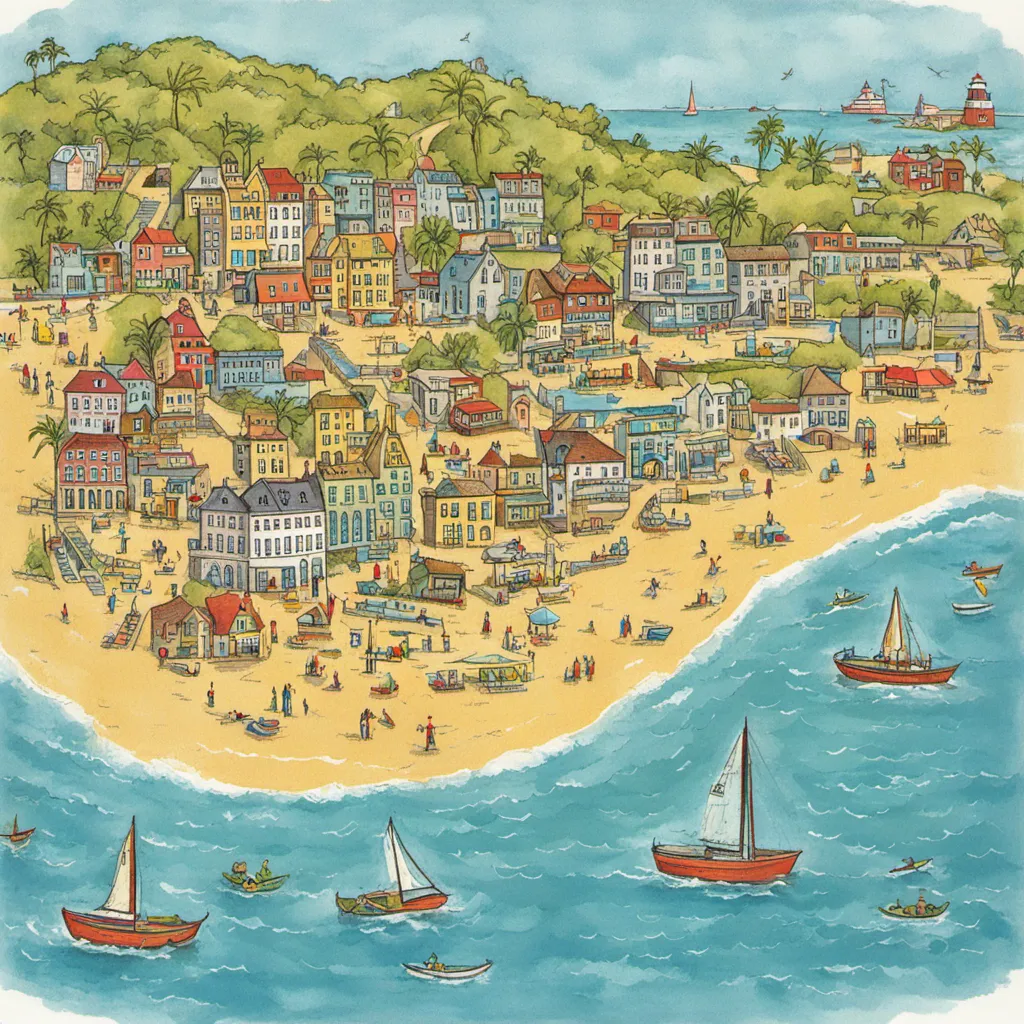 The image shows a seaside town with a sandy beach and a promenade. There are many colorful houses and shops along the promenade. There are also several sailboats in the water near the beach. There are many people on the beach, some are swimming, some are sunbathing, and some are walking. There are also a few people on the promenade, walking and talking. There are palm trees along the beach. There is a lighthouse on the hill.