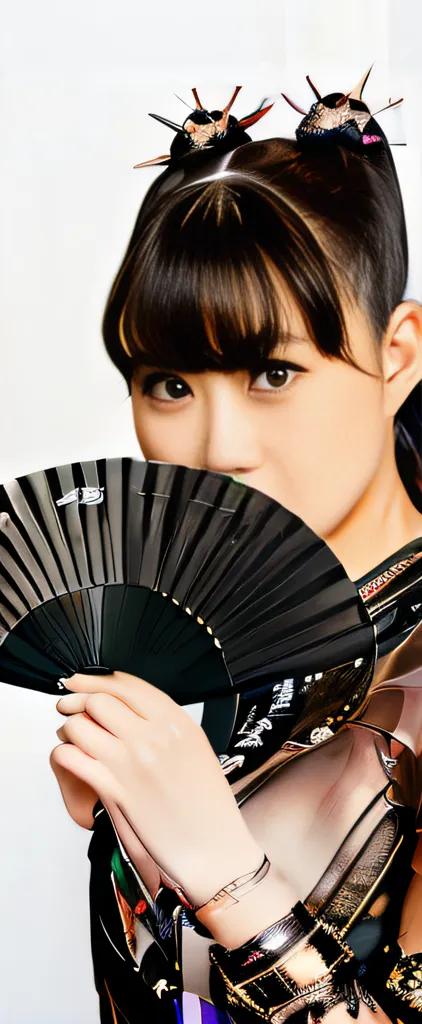 This image shows a young woman with long dark hair and bangs. She is wearing a black and gold traditional Japanese outfit and has a fan in front of her face. Only her eyes are visible.