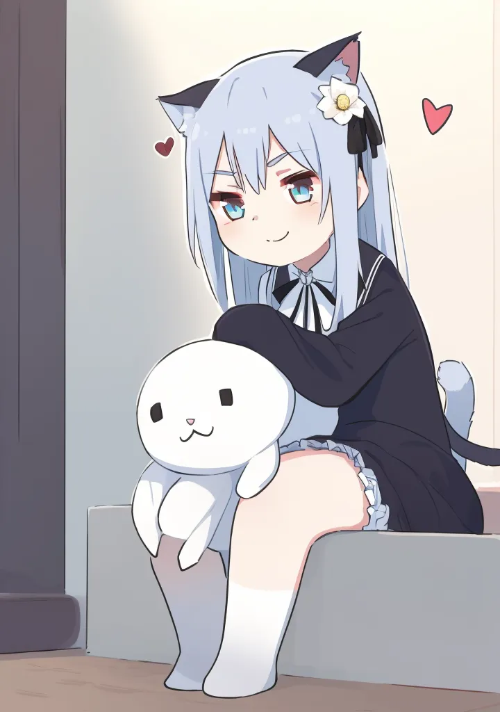 The image shows a cute anime girl with white hair and cat ears. She is wearing a black dress with a white collar and a white flower in her hair. She is sitting on a step and hugging a stuffed animal. She has a happy expression on her face.