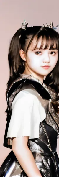 This is a photo of a young Japanese woman with long black hair and bangs. She is wearing a white and silver outfit with a metal breastplate. She has a serious expression on her face. The background is a pale pink color.