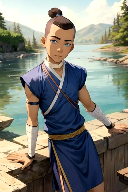 This is a picture of Sokka from the cartoon "Avatar: The Last Airbender". He is standing on a bridge, leaning against the railing. He is wearing a blue tunic with a white sash and brown wrist wraps. He has his hair in a bun and is looking off to the side with a serious expression. The background is a river with a mountain range in the distance.