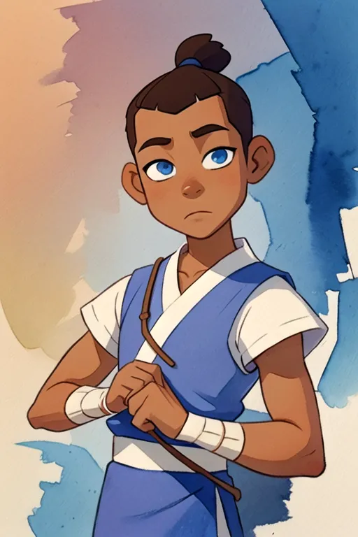 This is a picture of Sokka from the cartoon "Avatar: The Last Airbender". He is a young boy with brown hair, blue eyes, and a light brown complexion. He is wearing a blue tunic with a white sash and brown wristbands. He has a determined expression on his face and seems to be ready for action. The background of the image is a watercolor of blue and purple.