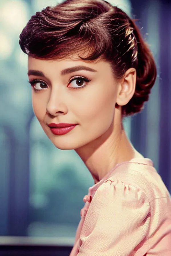 The photo shows a young woman with short brown hair and brown eyes. She is wearing a pink blouse and has a slight smile on her face. The background is blurred, and the woman is in focus. The photo is taken at a close-up angle, and the woman's face is the main focus of the photo.