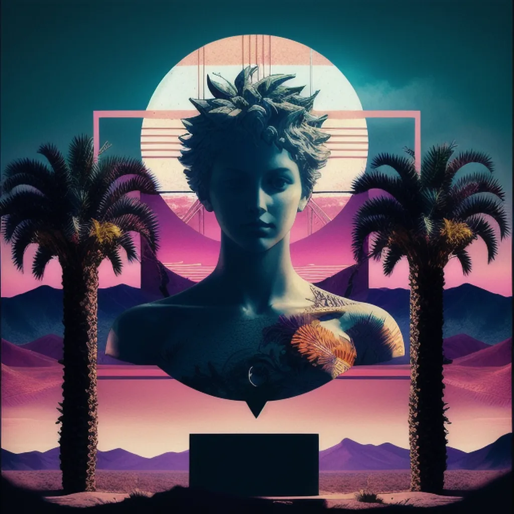 The image is a statue of a woman with short hair and a tattoo on her chest. The statue is set against a background of palm trees and mountains. The sky is a gradient of blue and pink. The statue is lit by a spotlight. The image is in a retro-futuristic style.