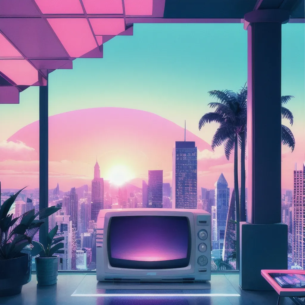 The image is set in a modern living room with a large window looking out over a city skyline. The room is decorated in a retro-futuristic style, with pink and blue neon lights and geometric shapes. There is a television set in the foreground, and a few plants in the background. The city skyline is bathed in a pink and blue sunset.