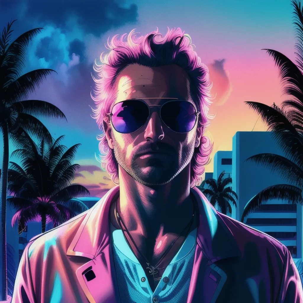 La imagen es un retrato de un hombre con el cabello rosa, que lleva gafas de sol y una camisa blanca con cuello azul. Está de pie frente a un fondo azul con palmeras. El hombre tiene una expresión seria en su rostro. Lleva una camisa blanca con cuello azul y una chaqueta rosa. Tiene un collar con un colgante. El fondo es un cielo azul con palmeras. La imagen tiene un estilo retro, reminiscente de los años 80.