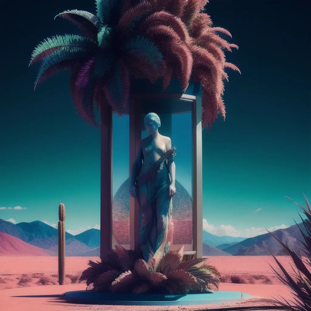 The image is a surreal landscape with a blue statue of a woman in the center. The statue is standing in a glass case, which is surrounded by pink and blue plants. The background is a desert landscape with mountains in the distance. The image is rendered in a realistic style, but the colors are very saturated and the lighting is dramatic, which gives it a dreamlike quality.