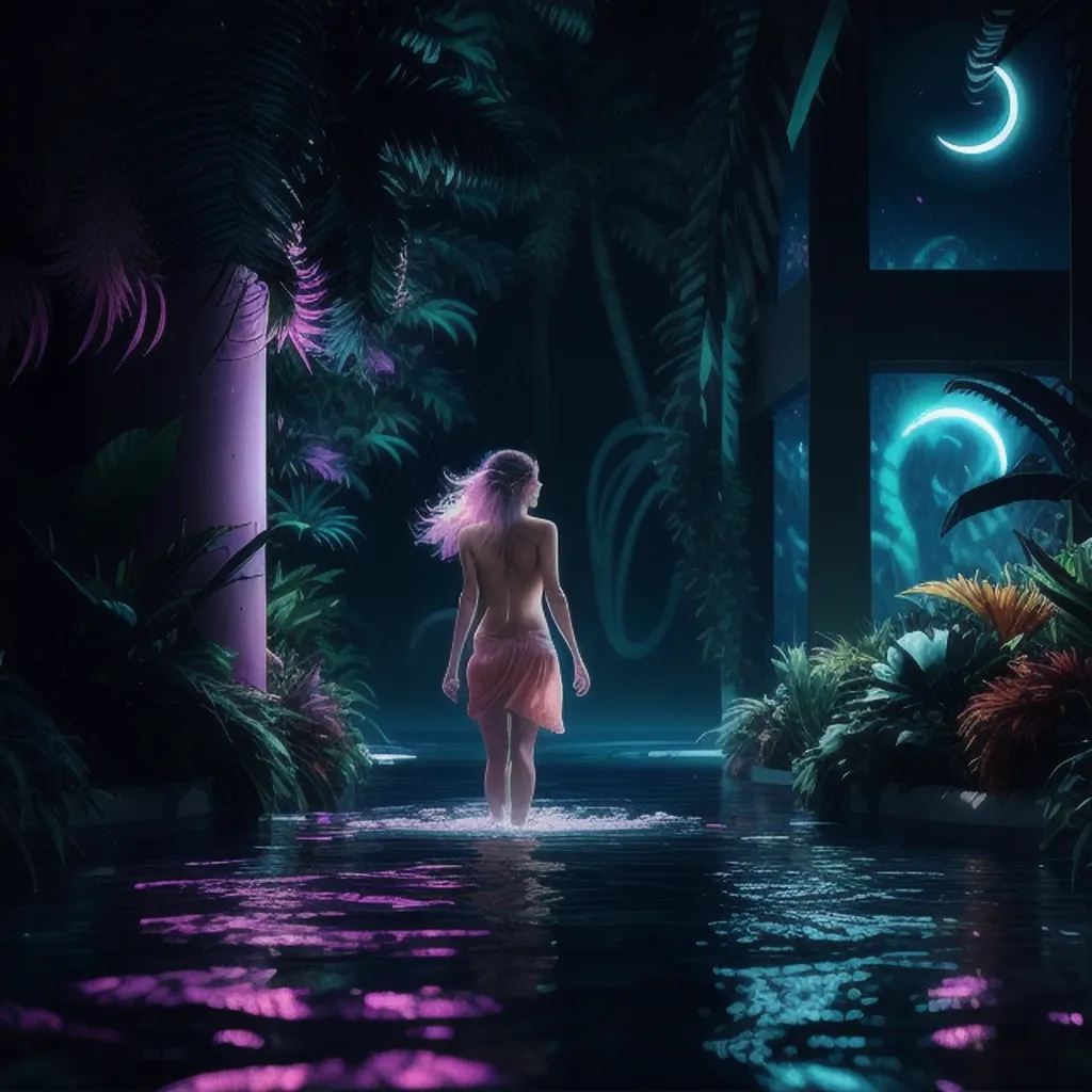 A woman with long pink hair is walking through a moonlit jungle. She is wearing a pink loincloth and is barefoot. The water she is walking in is shin deep. The jungle is dense and the trees are tall. The leaves of the trees are a deep green and the flowers are a bright pink. The moon is a crescent moon and is shining brightly.