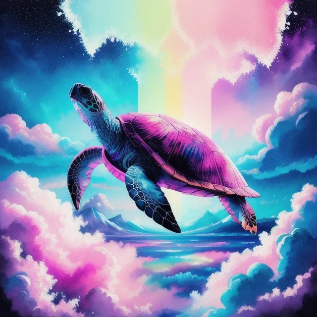 Ceci est une peinture numérique d'une tortue violette avec des reflets bleus et roses nageant dans une mer de nuages. La tortue est au premier plan et semble faire face au spectateur. Les nuages s'écartent en arrière-plan, révélant un arc-en-ciel. La peinture a un caractère surréaliste et fantaisiste, et il n'est pas clair si la tortue nage dans les nuages ou si les nuages ne sont qu'un décor.