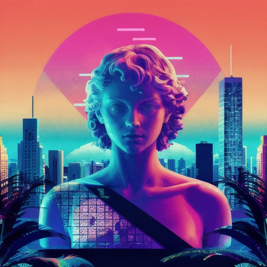 The image is a statue of a woman with short hair. The statue is lit from the right side of the image, and the light is reflecting off of her face and body. The background of the image is a city with skyscrapers and palm trees. The colors of the image are pink, blue, and purple. The image is in a retro futurism style.