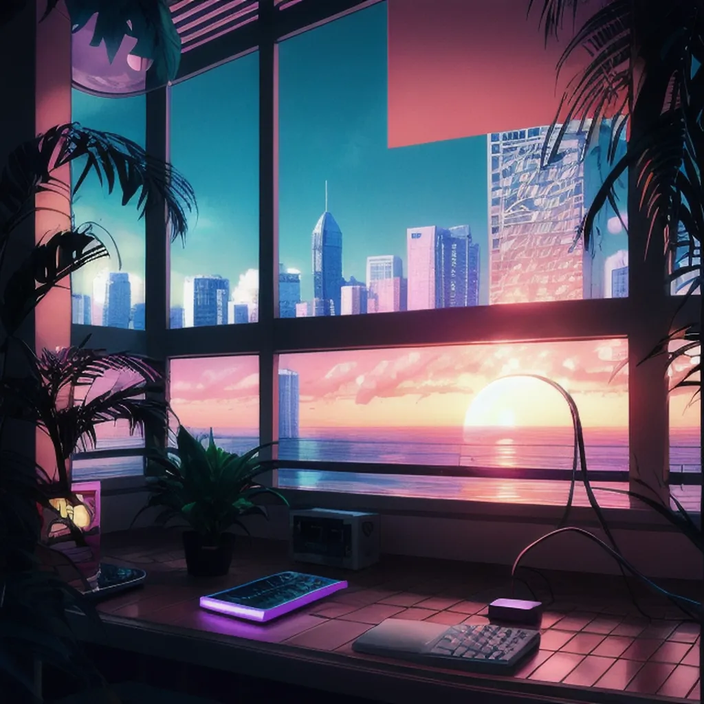 The image is a beautiful sunset over a city. The sun is setting over the ocean, and the sky is a gradient of pink, orange, and yellow. The city is in the distance, and the buildings are silhouetted against the sky. There are palm trees in the foreground, and a desk with a computer on it. The desk is next to a window, and the view from the window is of the city. The image is in a retro style, and the colors are very vibrant.