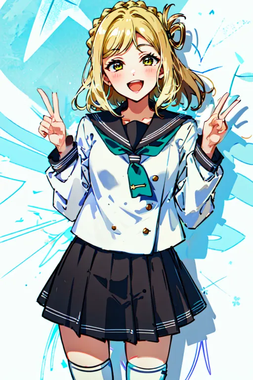 This is an illustration of a young woman. She has pale skin, yellow eyes, and long, wavy blonde hair that is tied back in a ponytail. She is wearing a white shirt with a blue collar, and a black skirt. She is also wearing a pair of white socks and brown shoes. She has a bright smile on her face, and she is making a peace sign with both hands. The background is a light blue color, and there are some white and blue highlights around her body.