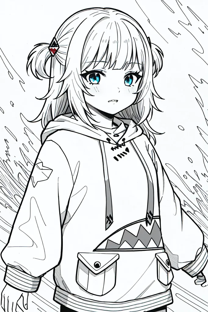 The image is a black and white line drawing of an anime-style girl. She has long, wavy hair tied up in two buns, and her eyes are wide open. She is wearing a hoodie with a shark-tooth design on the front. The image is drawn in a semi-realistic style, and the girl's expression is one of determination.