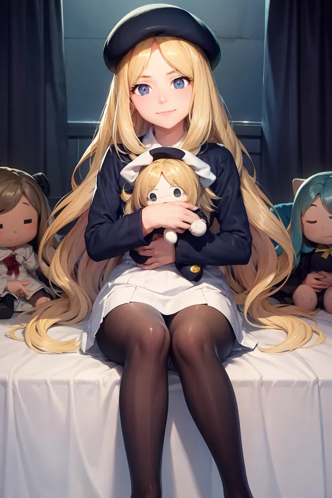 The image shows a young woman with long blond hair and blue eyes. She is wearing a black beret, a white blouse, and a black skirt. She is sitting on a bed, with a stuffed animal in her hands. There are two other stuffed animals on the bed, one with brown hair and one with green hair. The woman has a gentle smile on her face. The background is a blue curtain.