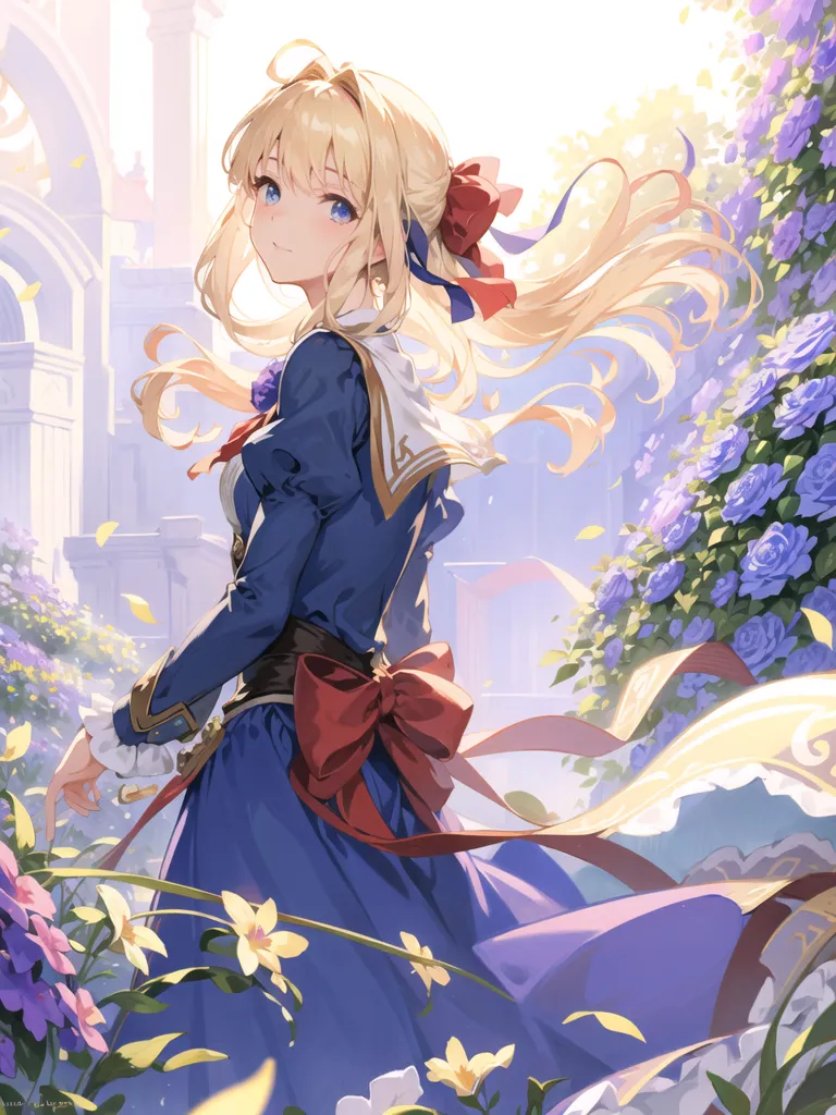 The image shows a girl with long blond hair and blue eyes. She is wearing a blue dress with a white collar and a red ribbon at the waist. The dress has gold trim. She is also wearing a red bow in her hair. She is standing in a field of flowers. There are purple, blue, and yellow flowers. The background is a blurred image of a city. The girl is smiling.