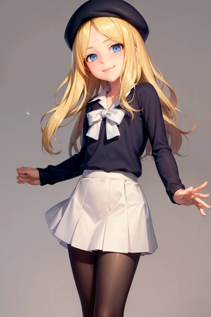 The image shows a young girl with long, wavy blonde hair and blue eyes. She is wearing a black beret, a white blouse with a black bow, and a pleated white skirt. She is also wearing black stockings and black shoes. The girl is standing with her arms outstretched and a happy expression on her face.