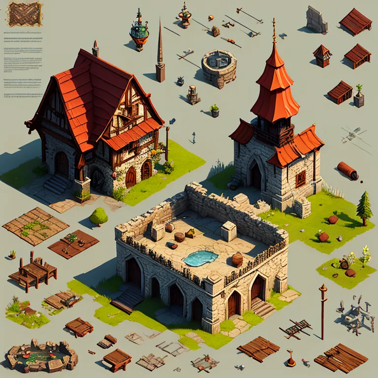 The image shows a collection of assets that could be used in a video game or other graphic design project. The assets include a house, a tower, and a well. The house has a red roof and a wooden door. The tower has a red roof and a bell. The well has a wooden bucket and a rope.

In addition to the buildings, the image also includes a variety of other assets, such as trees, fences, and barrels. These assets could be used to create a variety of different scenes, such as a village, a forest, or a farm.

The assets are all drawn in a realistic style and have a consistent color palette. This makes them easy to mix and match to create different scenes. The assets are also all vector-based, which means that they can be scaled up or down without losing quality.

Overall, this is a great collection of assets that could be used in a variety of different projects. The assets are well-drawn, consistent, and easy to use.