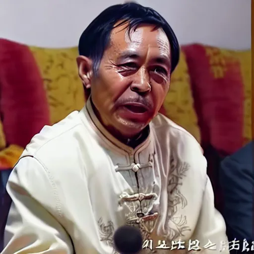 La foto muestra a un hombre mayor de cabello gris con una camisa blanca con botones tradicionales chinos. Tiene una expresión seria en su rostro y parece estar hablando o cantando. El fondo está borroso y parece ser una sala de estar con una cortina roja y un dístico chino.