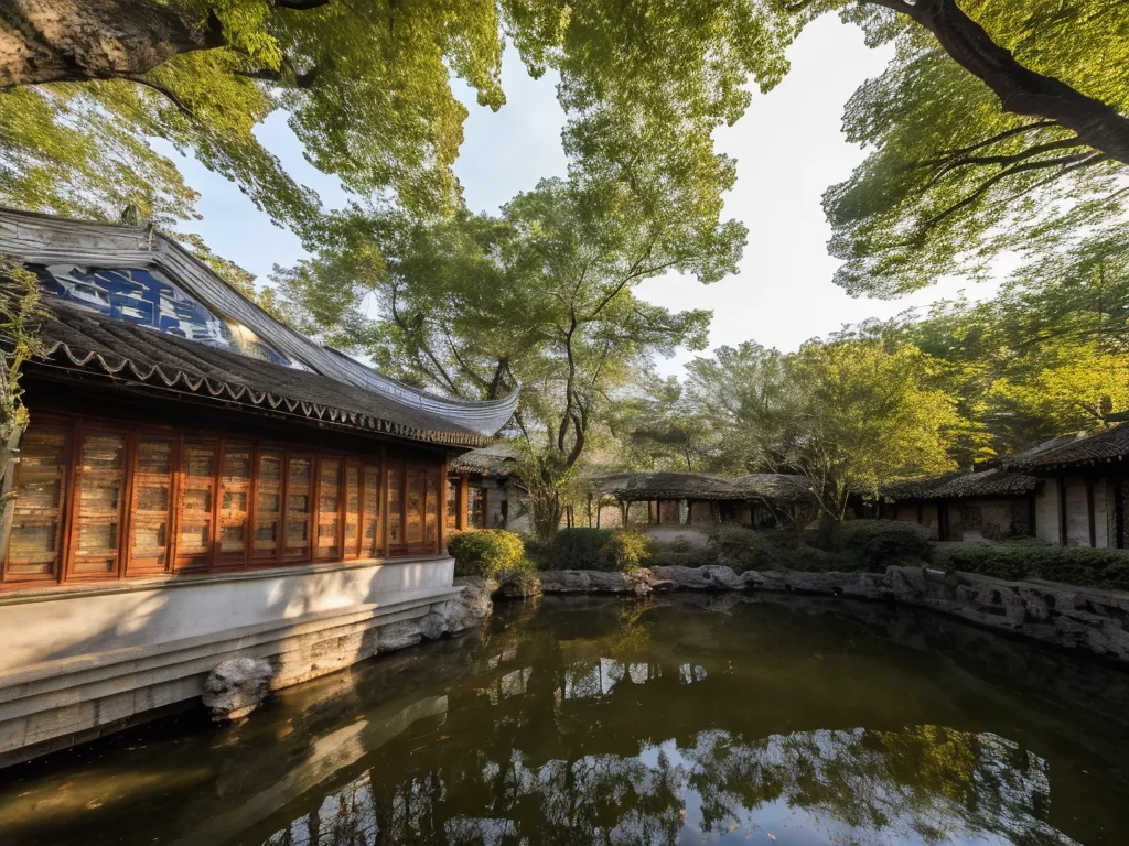 The image is a beautiful Chinese garden with a pond, trees, and a pavilion. The pond is in the foreground, with a curved bridge leading to the pavilion in the background. The pavilion is surrounded by trees and shrubs, and there are flowers blooming in the foreground. The water in the pond is green and still. The sky is blue and there are some clouds in the distance. The overall effect of the image is one of peace and tranquility.