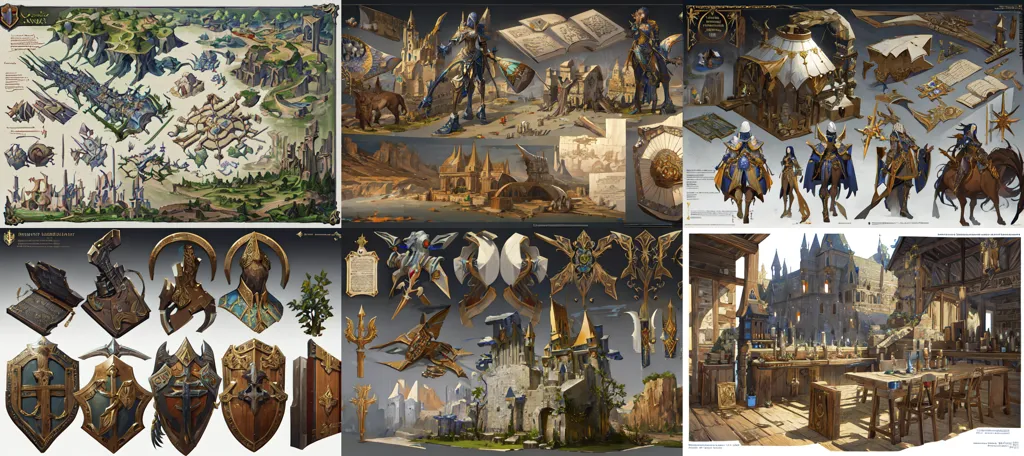 The image contains a collection of assets related to a fantasy world. The assets include illustrations of characters, creatures, and objects, as well as maps, icons, and other graphical elements. The illustrations are in a variety of styles, but they all share a common theme of fantasy and adventure. The image is likely to be concept art for a video game or other type of interactive media.