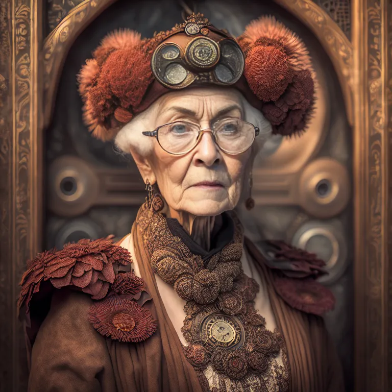 The image is a portrait of an elderly woman. She is wearing a brown steampunk style outfit. She has a brown hat with red balls on it and brown goggles. She is also wearing a brown scarf and a necklace with a clock on it. The background is a brown door with rivets in it.